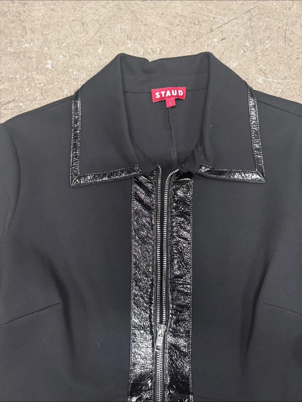 STAUD Black Longline Trench Coat with Patent Trim - Picture 3 of 7